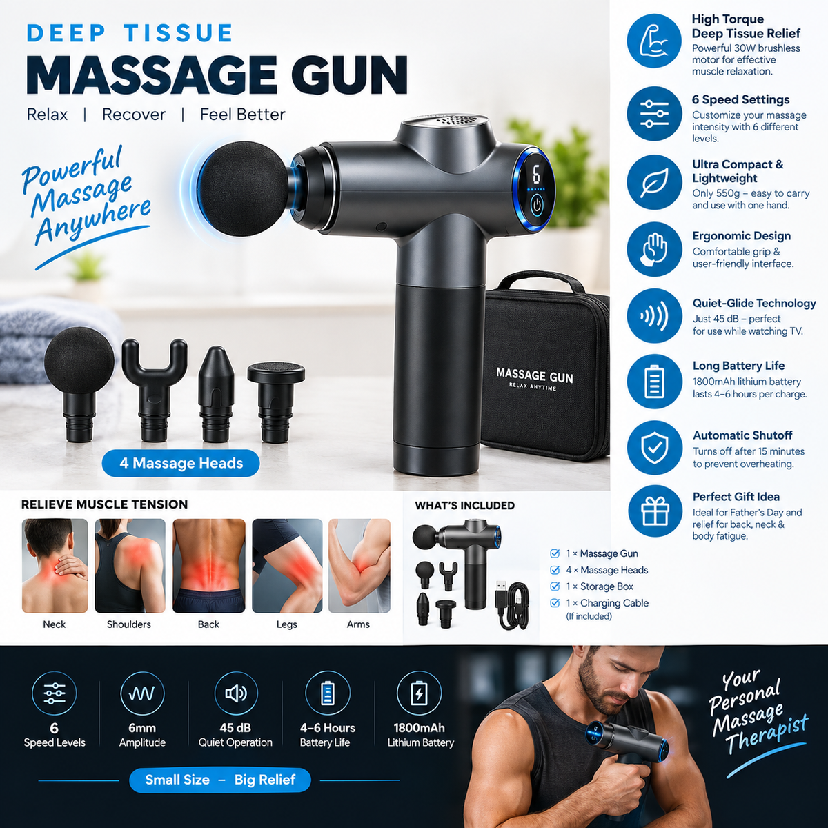 Massage Gun – Deep Tissue Muscle Massager with 6 Speed Modes