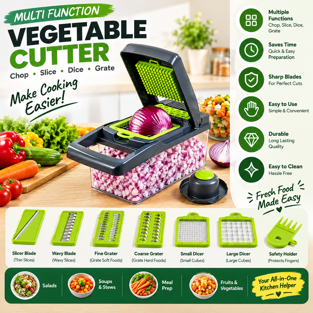 Multi Function Vegetable Cutter – 4-in-1 Vegetable Chopper & Slicer
